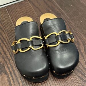 Maje Black Leather Clog Mules with Gold Chain Accent